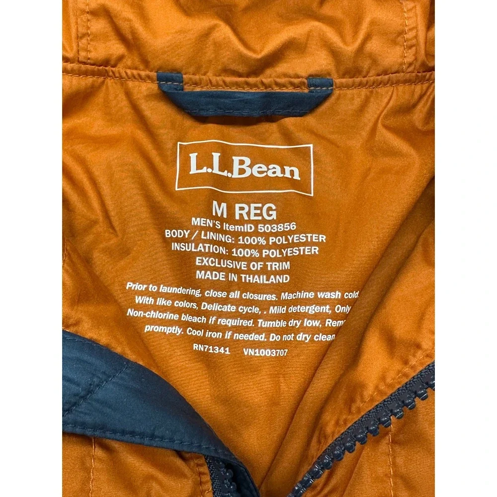 LL Bean Quilted Pullover Mens M Orange Navy Primaloft Hooded Anorak 503856